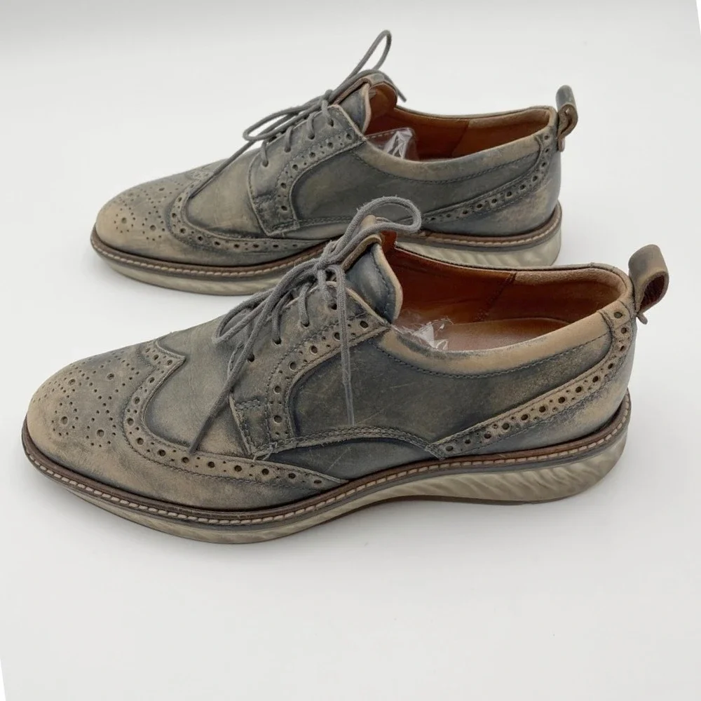 ECCO ST1 Hybrid Wingtip‎ Brogue Oxford Gray Tan Burnish Leather Men 8 Dress Shoe
